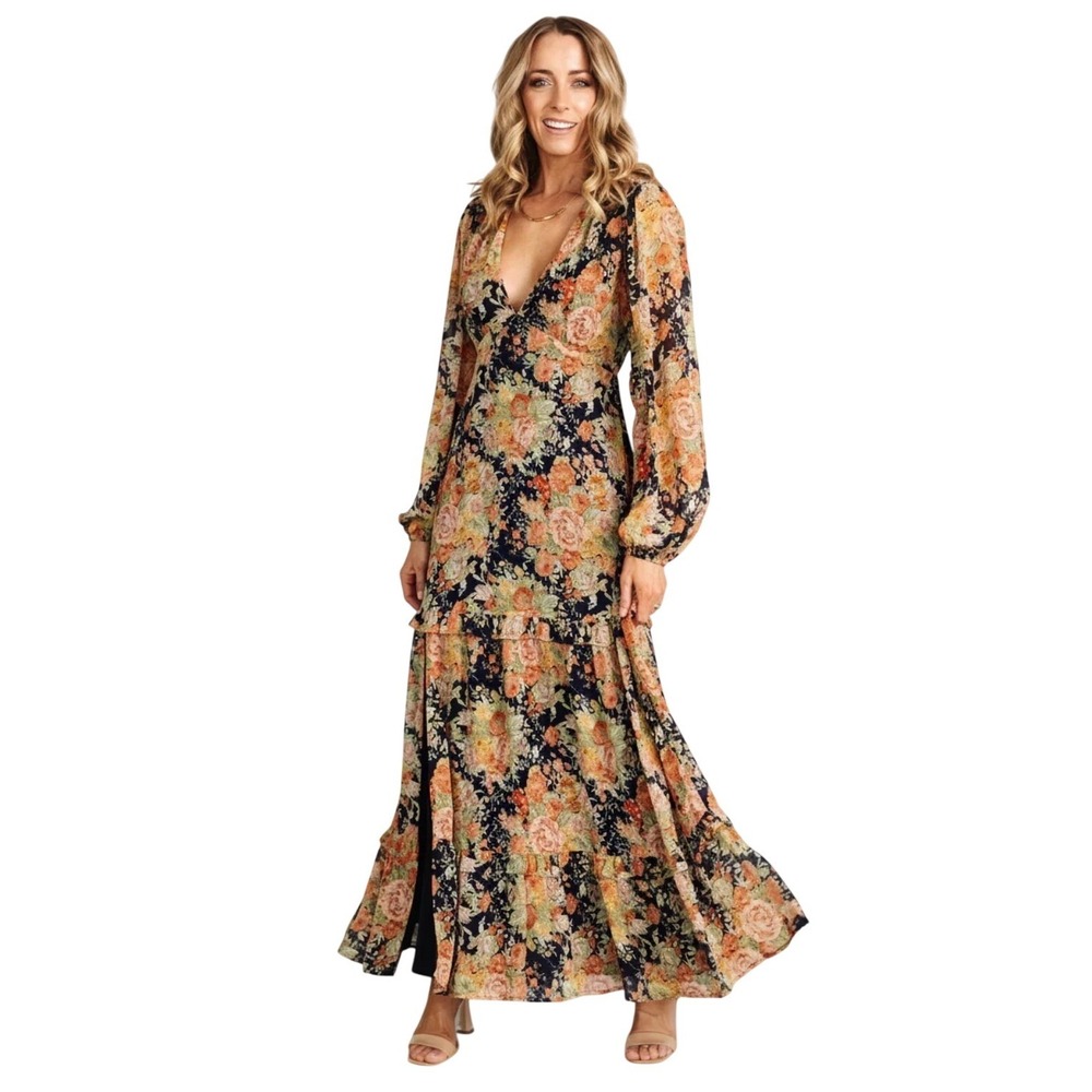 Baltic Born Bowman Deep V Maxi Chiffon Tiered Dress Navy Floral size 2XL Boho